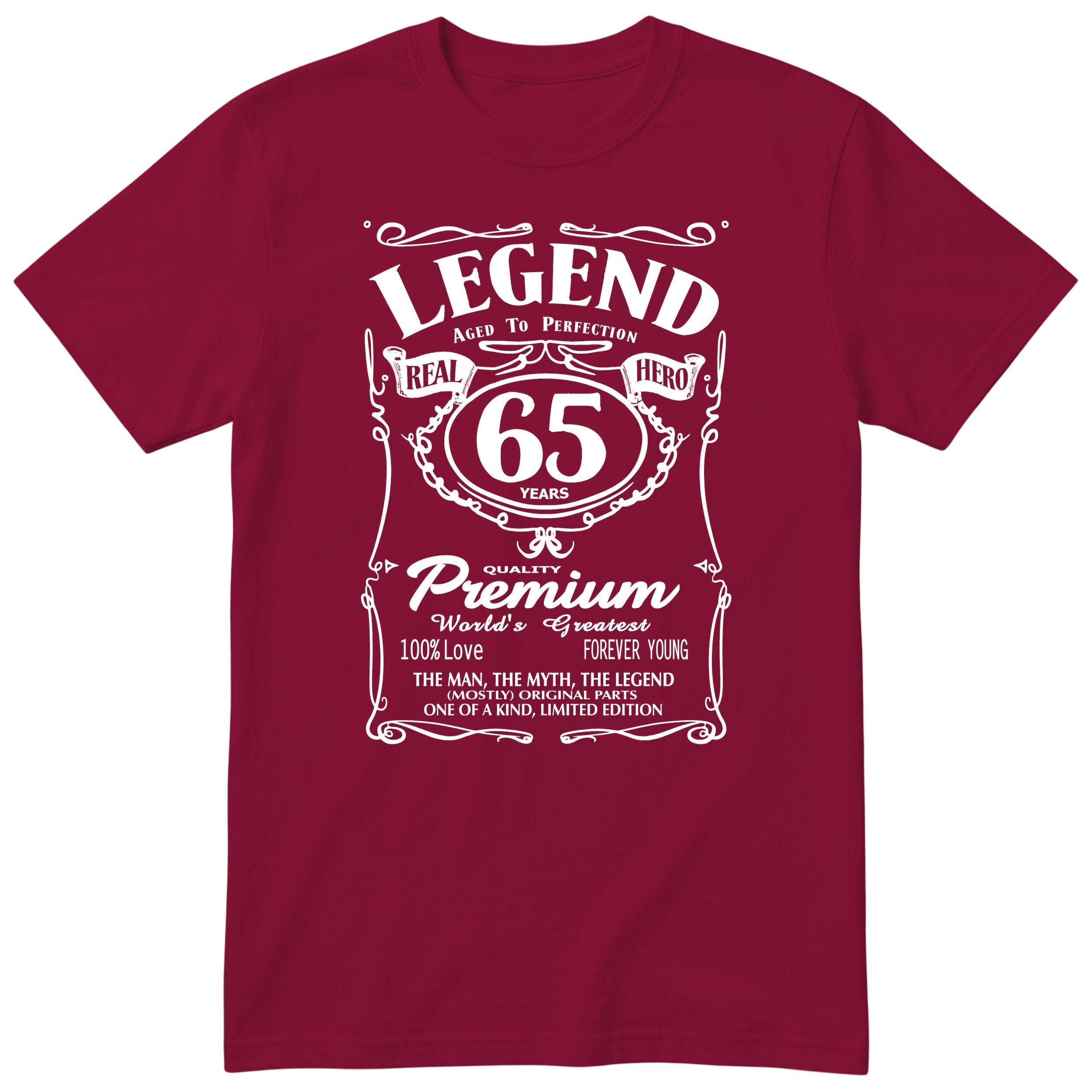 Legend 65th Birthday T-Shirt - Retro Label Gift for Dad - Burgundy