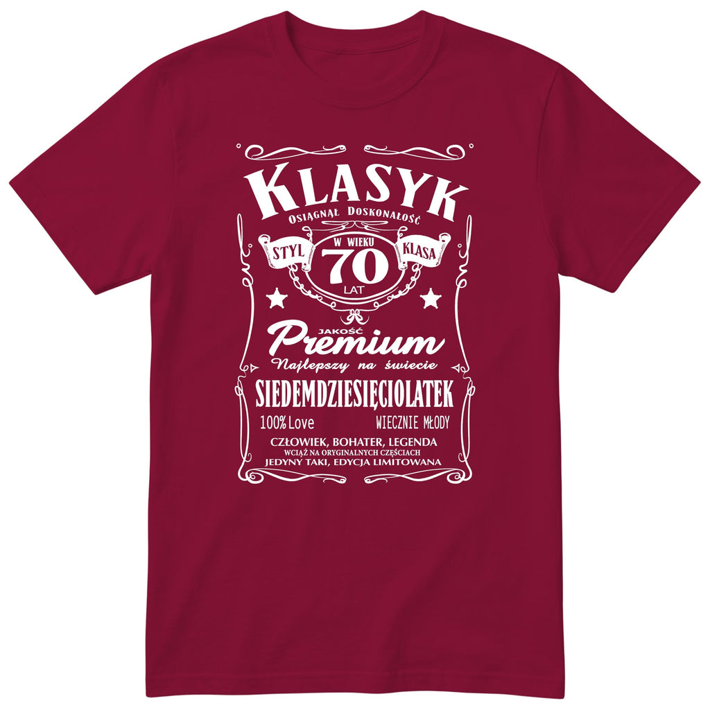Śmieszna polska koszulka urodzinowa na 70 lat dla mężczyzny - vintage label design Klasyk Człowiek Bohater Legenda
