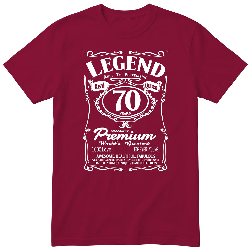 Legend Real Queen 70th birthday t-shirt for women in burgundy - Gildan 64000 vintage label