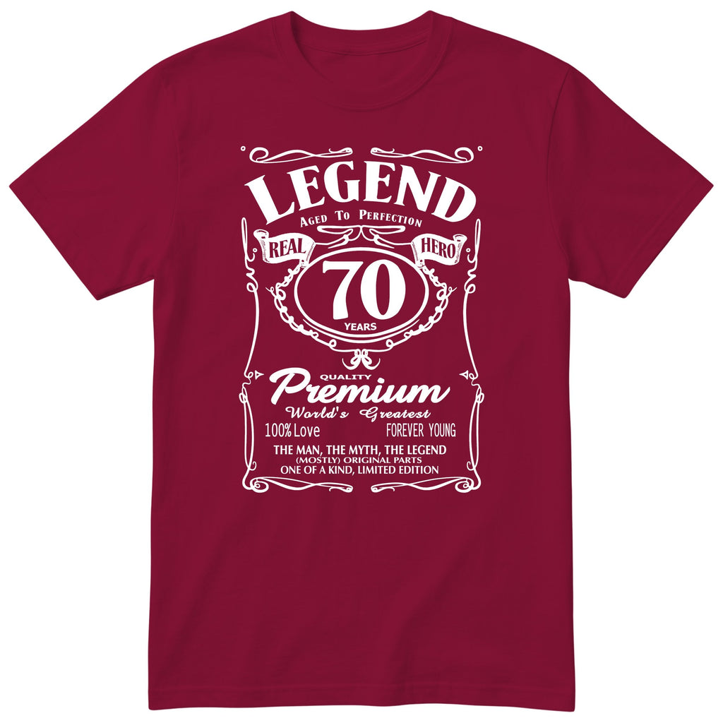 Legend 70th Birthday T-Shirt - Retro Label Gift for Grandad - Burgundy