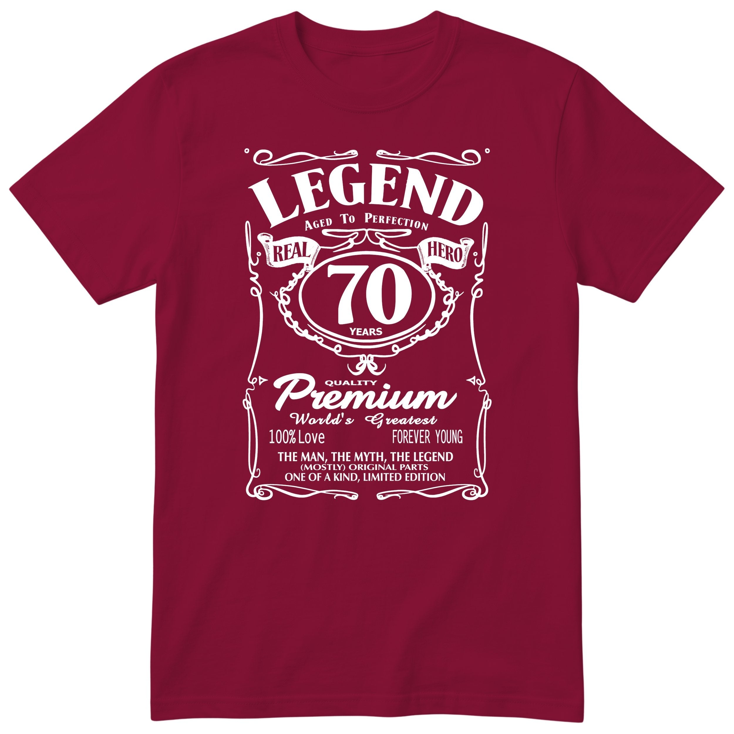 Legend 70th Birthday T-Shirt - Retro Label Gift for Grandad - Burgundy