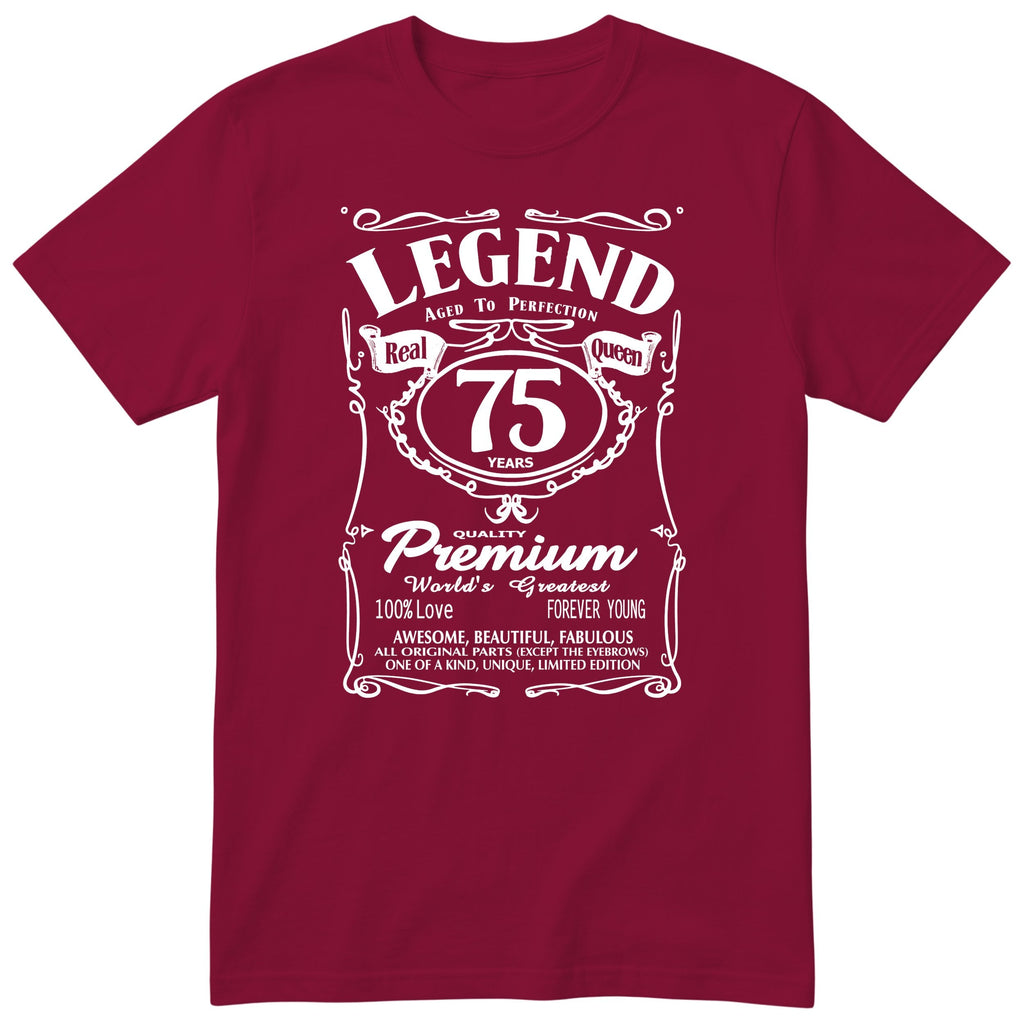 Legend Real Queen 75th birthday t-shirt for women in burgundy - Gildan 64000 vintage label