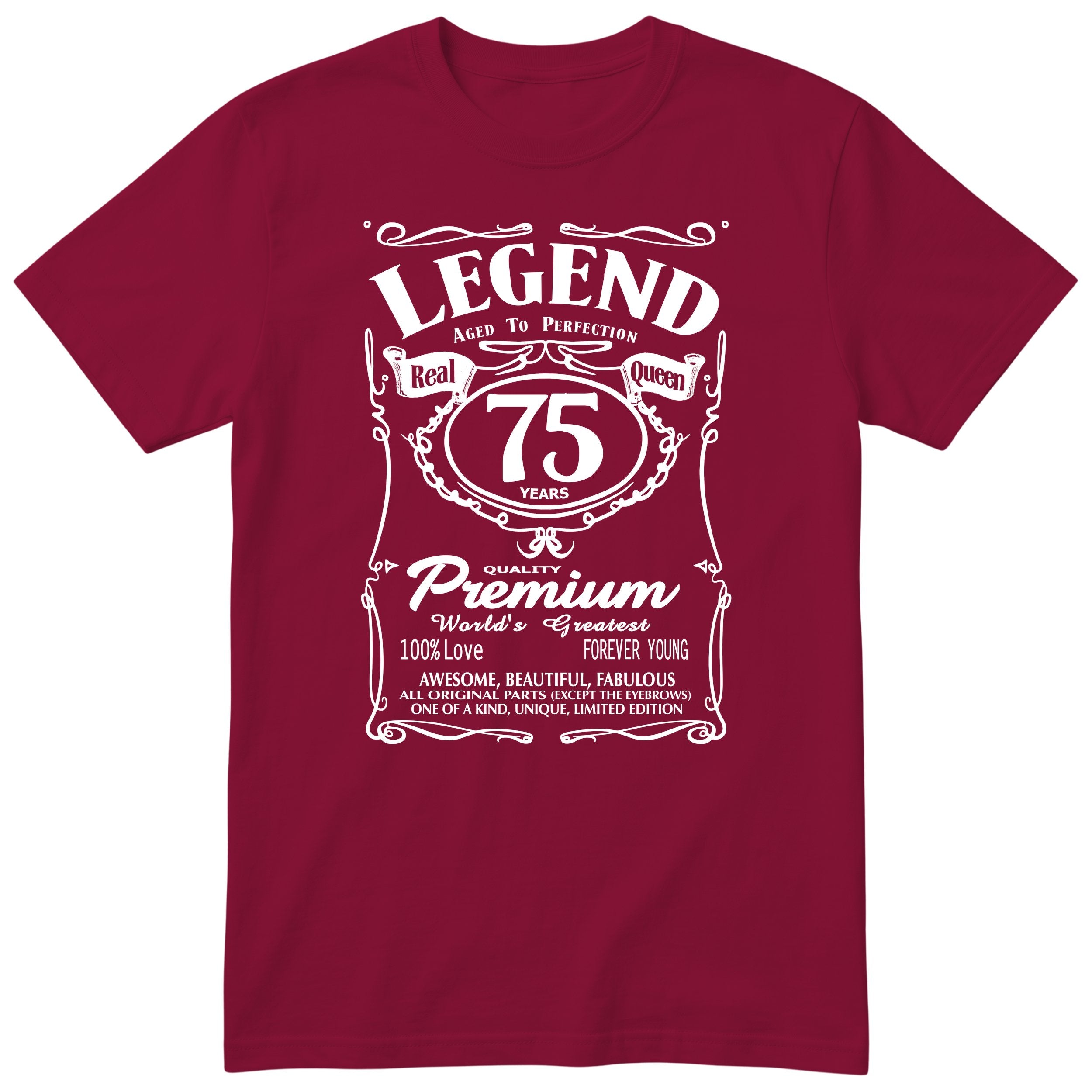 Legend Real Queen 75th birthday t-shirt for women in burgundy - Gildan 64000 vintage label