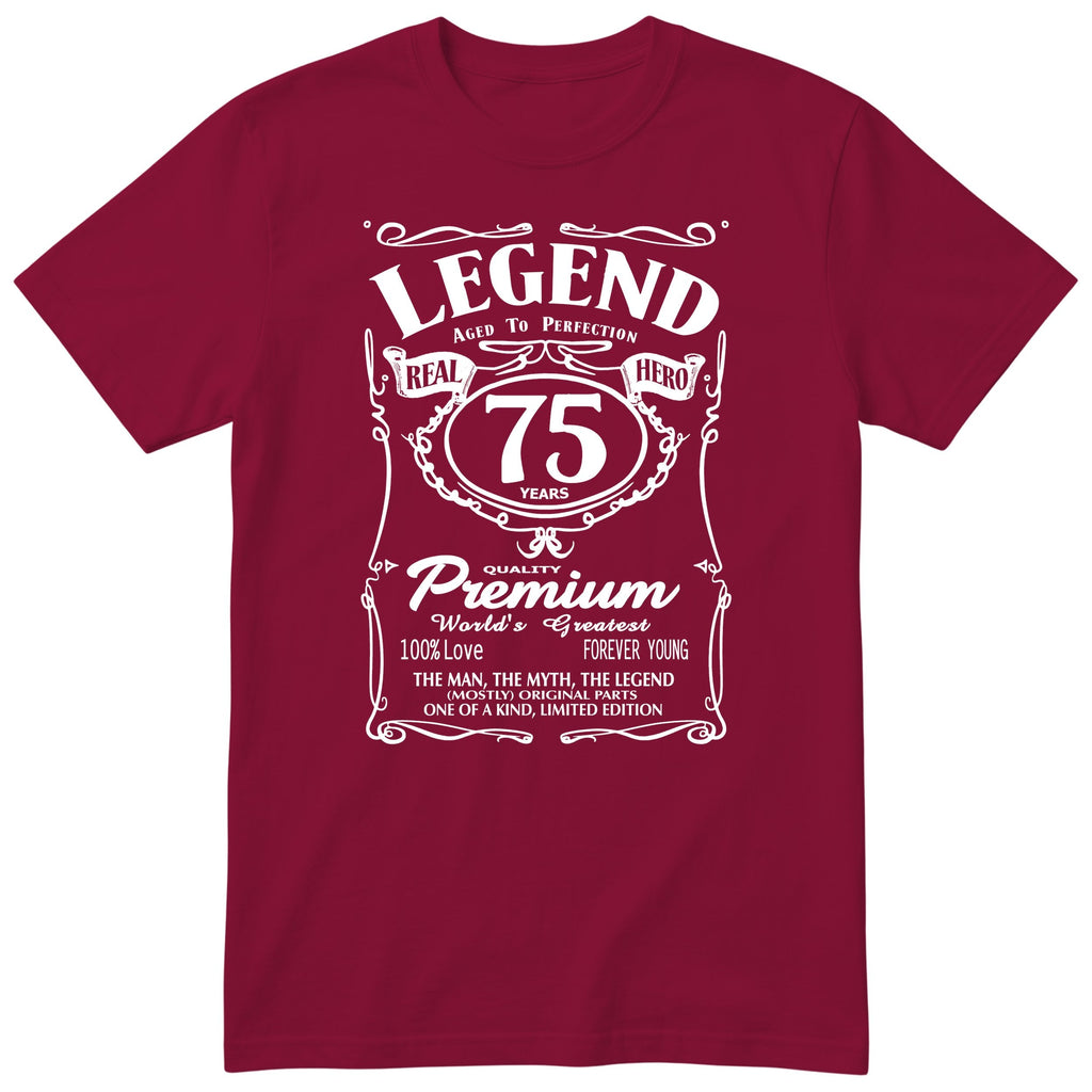 Legend 75th Birthday T-Shirt - Retro Label Gift for Grandad - Burgundy