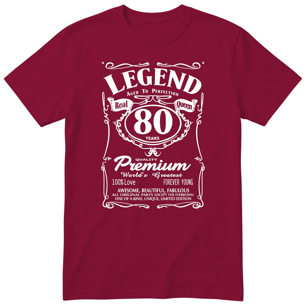 Legend Real Queen 80th birthday t-shirt for women in burgundy - Gildan 64000 vintage label