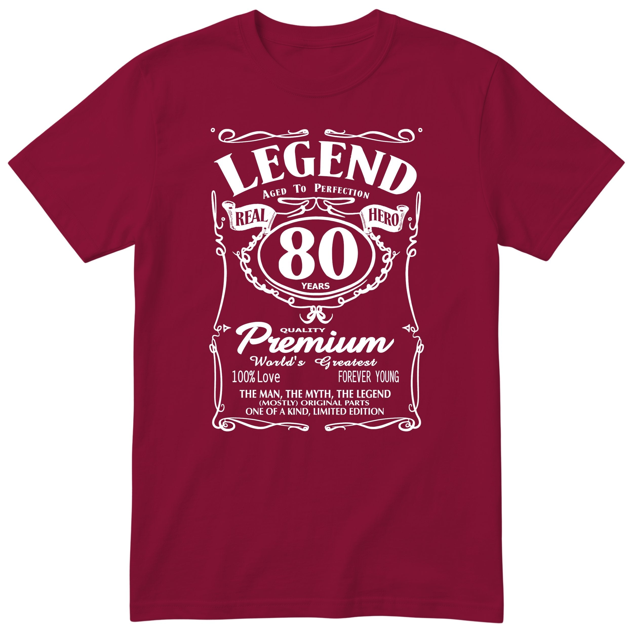 Legend 80th Birthday T-Shirt - Retro Label Gift for Grandad - Burgundy