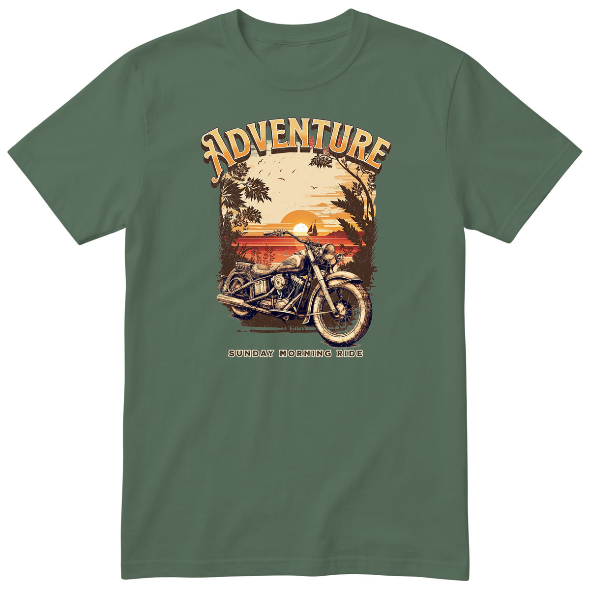 Olive Adventure Sunday Morning Ride motorcycle t-shirt - vintage motorcycle by the sea at sunrise, palm trees and birds, gift for a biker