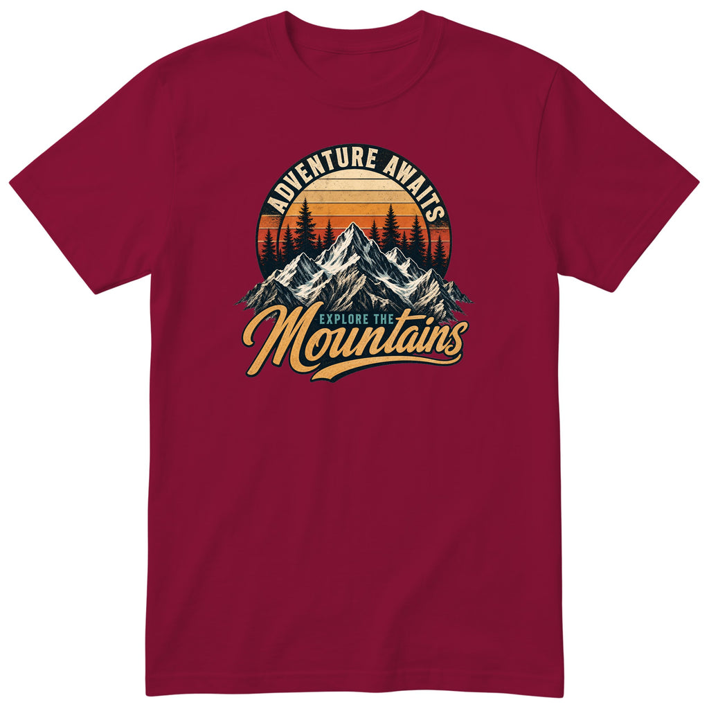 Burgundy Adventure Awaits t-shirt - retro mountain hiking print, GitGraf