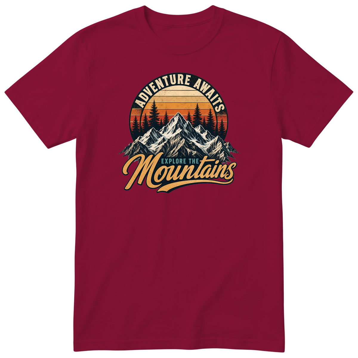 Burgundy Adventure Awaits t-shirt - retro mountain hiking print, GitGraf