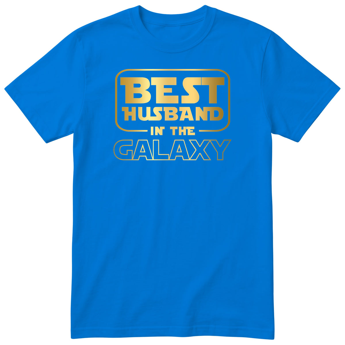 Royal blue Best Husband In The Galaxy t-shirt with gold space-age lettering - anniversary gift for husband from wife, English print