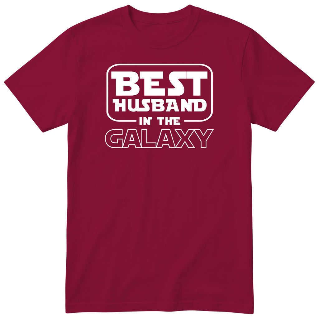 Burgundy Best Husband In The Galaxy t-shirt with bold space-age lettering - funny gift for husband from wife, English print