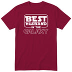 Burgundy Best Husband In The Galaxy t-shirt with bold space-age lettering - funny gift for husband from wife, English print