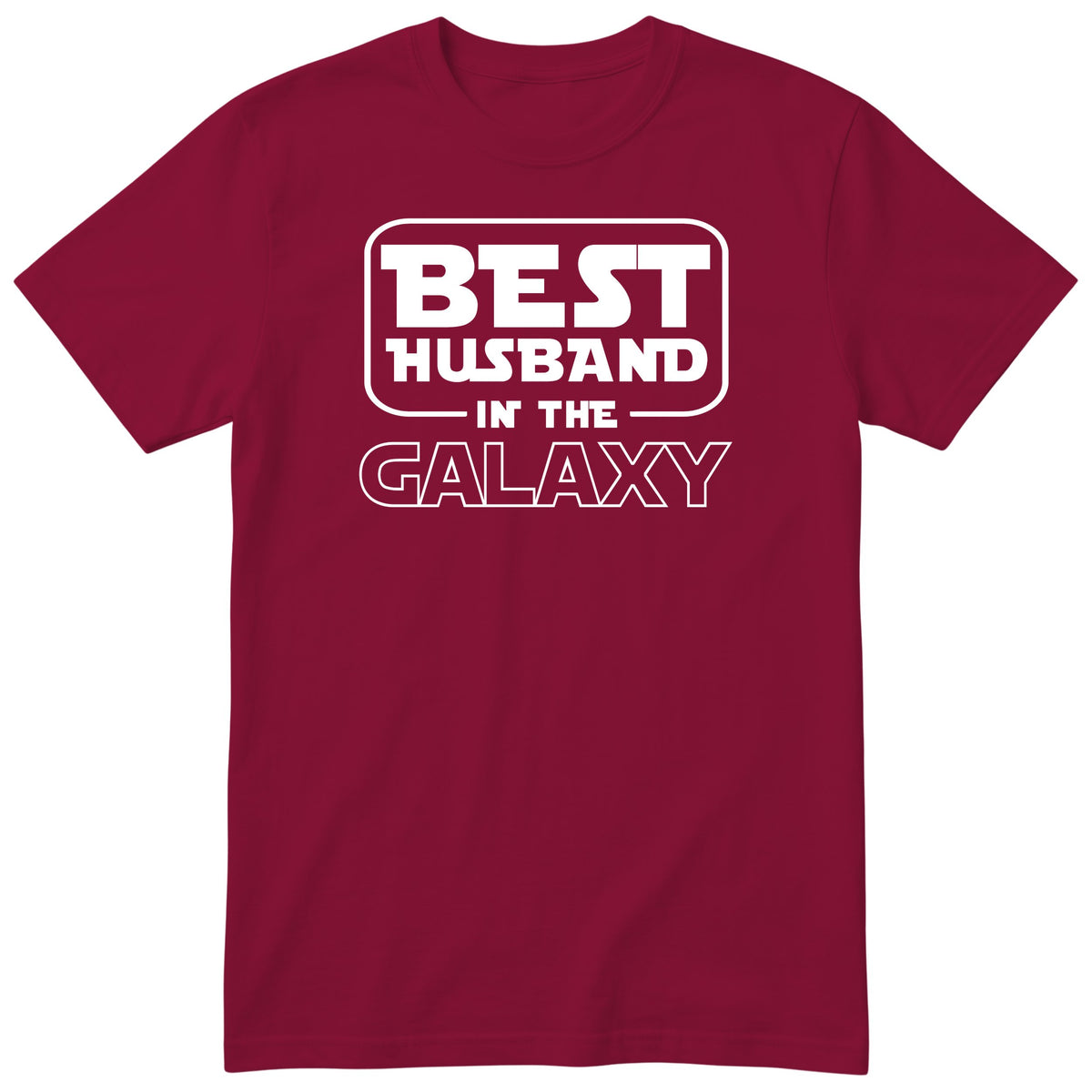 Burgundy Best Husband In The Galaxy t-shirt with bold space-age lettering - funny gift for husband from wife, English print