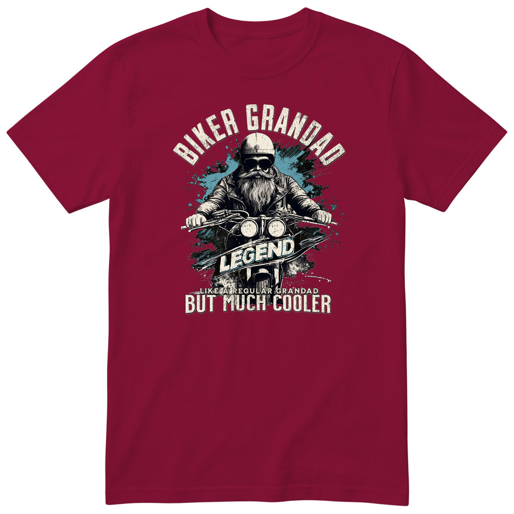 Burgundy Biker Grandad Legend T-Shirt t-shirt - bearded biker in a helmet and sunglasses on a motorcycle, the word LEGEND and a blue paint splash, gift for grandad