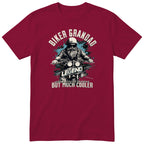 Burgundy Biker Grandad Legend T-Shirt t-shirt - bearded biker in a helmet and sunglasses on a motorcycle, the word LEGEND and a blue paint splash, gift for grandad