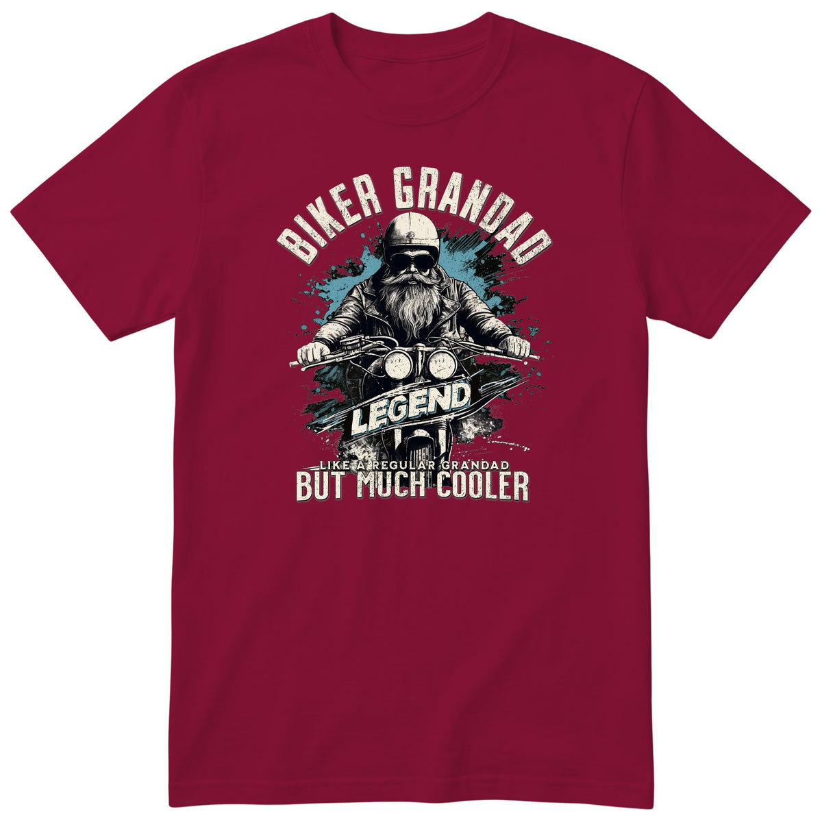 Burgundy Biker Grandad Legend T-Shirt t-shirt - bearded biker in a helmet and sunglasses on a motorcycle, the word LEGEND and a blue paint splash, gift for grandad