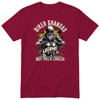 Burgundy Biker Grandad Legend Shirt t-shirt - bearded biker in a helmet and sunglasses on a motorcycle, the word LEGEND and a orange paint splash, gift for grandad