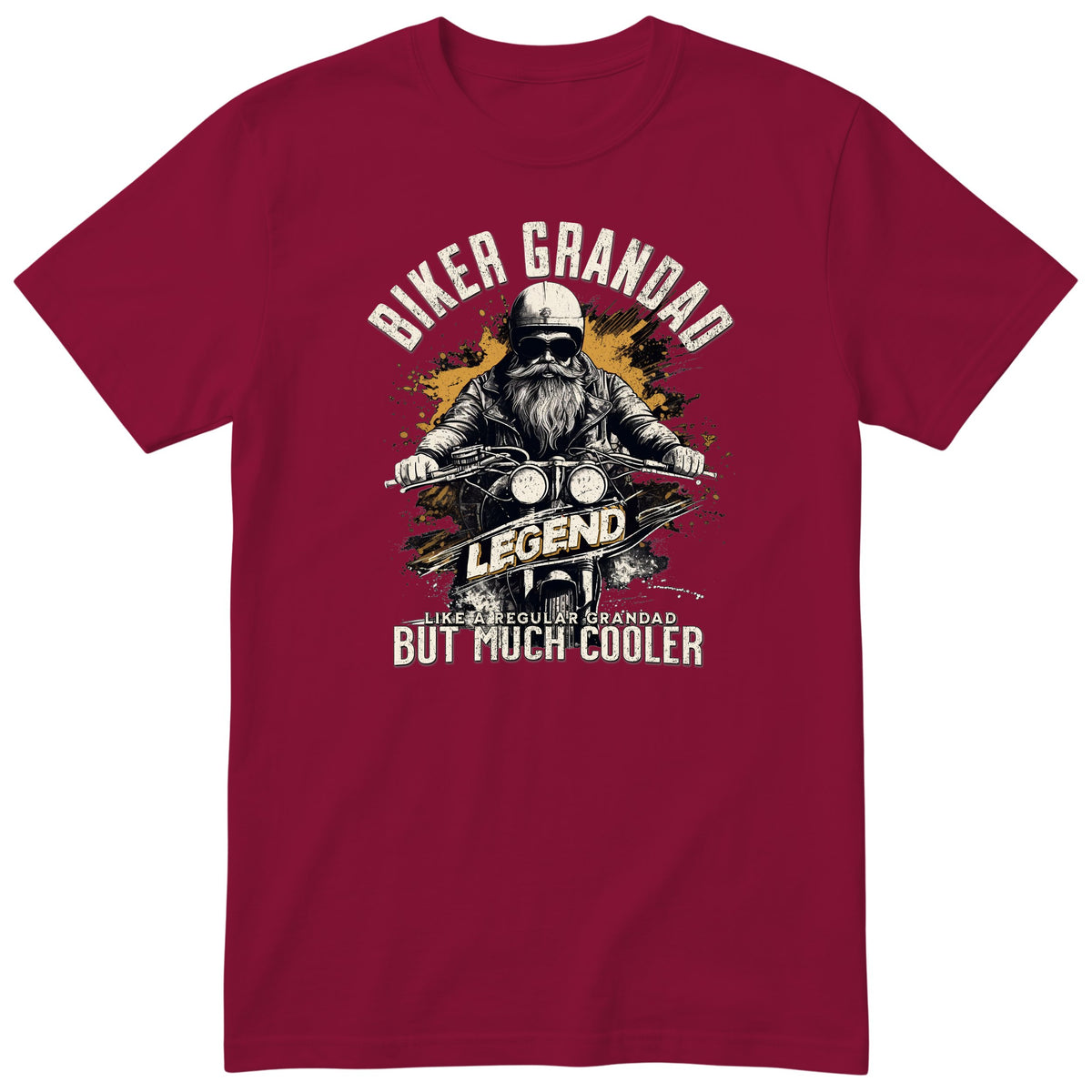 Burgundy Biker Grandad Legend Shirt t-shirt - bearded biker in a helmet and sunglasses on a motorcycle, the word LEGEND and a orange paint splash, gift for grandad