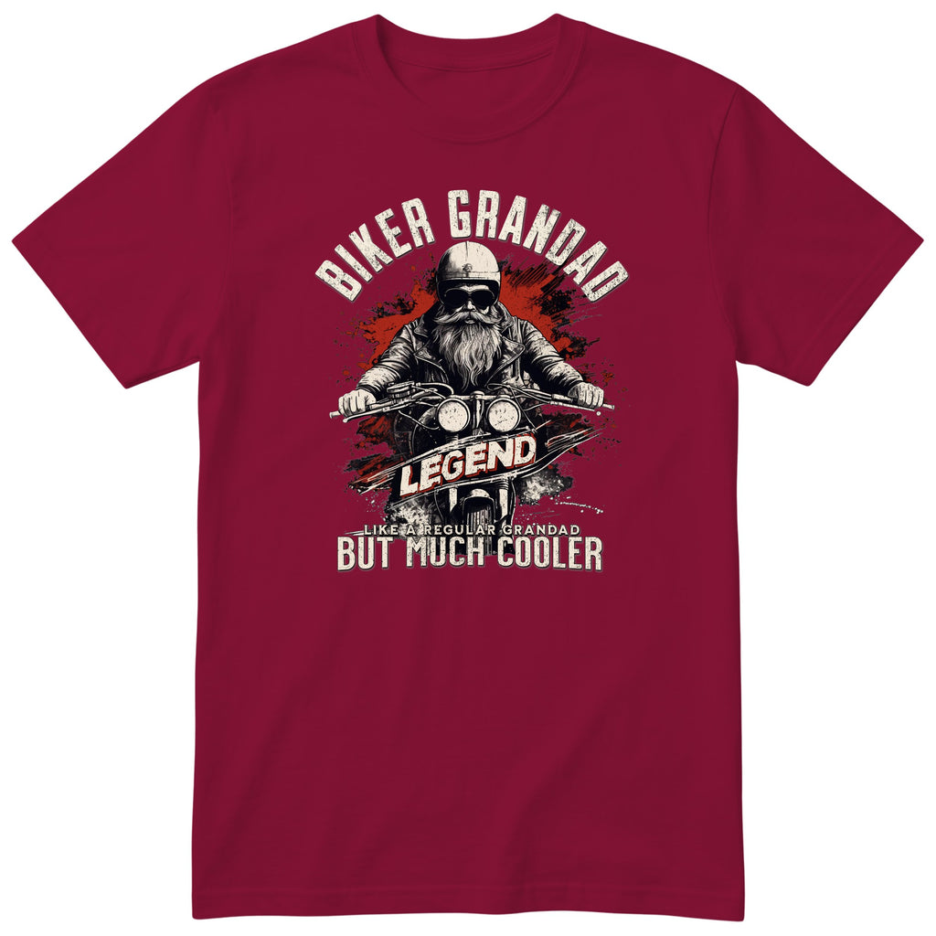 Burgundy Biker Grandad Legend t-shirt - bearded biker in a helmet and sunglasses on a motorcycle, the word LEGEND and a red paint splash, gift for grandad