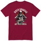 Burgundy Biker Grandad Legend t-shirt - bearded biker in a helmet and sunglasses on a motorcycle, the word LEGEND and a red paint splash, gift for grandad
