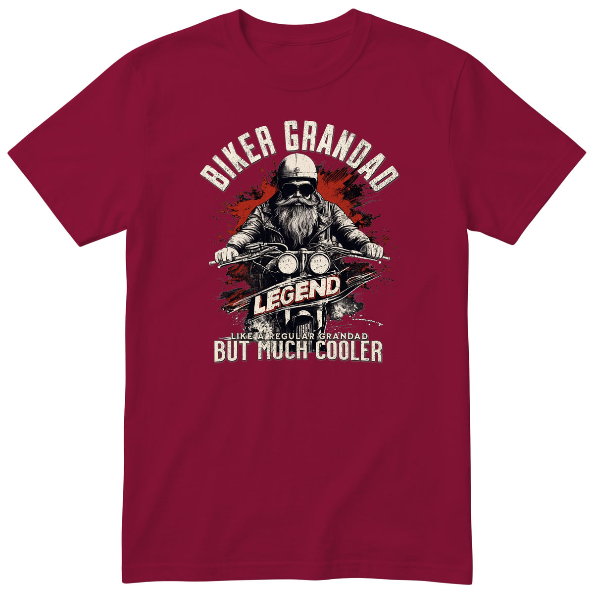 Burgundy Biker Grandad Legend t-shirt - bearded biker in a helmet and sunglasses on a motorcycle, the word LEGEND and a red paint splash, gift for grandad