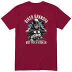 Burgundy Biker Grandpa Legend T-Shirt t-shirt - bearded biker in a helmet and sunglasses on a motorcycle, the word LEGEND and a blue paint splash, gift for grandpa