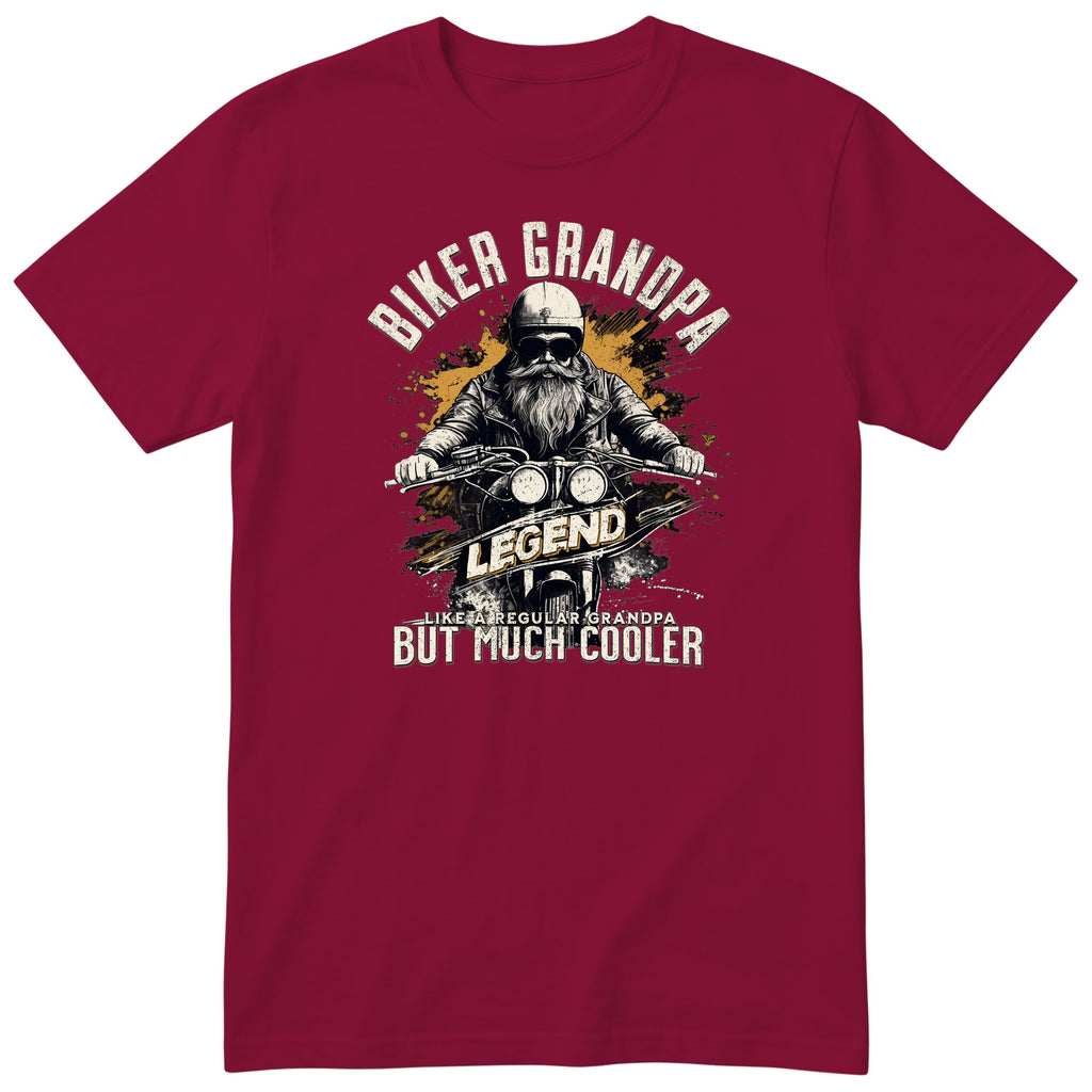 Burgundy Biker Grandpa Legend Shirt t-shirt - bearded biker in a helmet and sunglasses on a motorcycle, the word LEGEND and a orange paint splash, gift for grandpa
