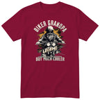 Burgundy Biker Grandpa Legend Shirt t-shirt - bearded biker in a helmet and sunglasses on a motorcycle, the word LEGEND and a orange paint splash, gift for grandpa