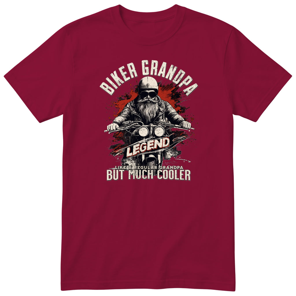 Burgundy Biker Grandpa Legend t-shirt - bearded biker in a helmet and sunglasses on a motorcycle, the word LEGEND and a red paint splash, gift for grandpa