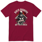 Burgundy Biker Grandpa Legend t-shirt - bearded biker in a helmet and sunglasses on a motorcycle, the word LEGEND and a red paint splash, gift for grandpa