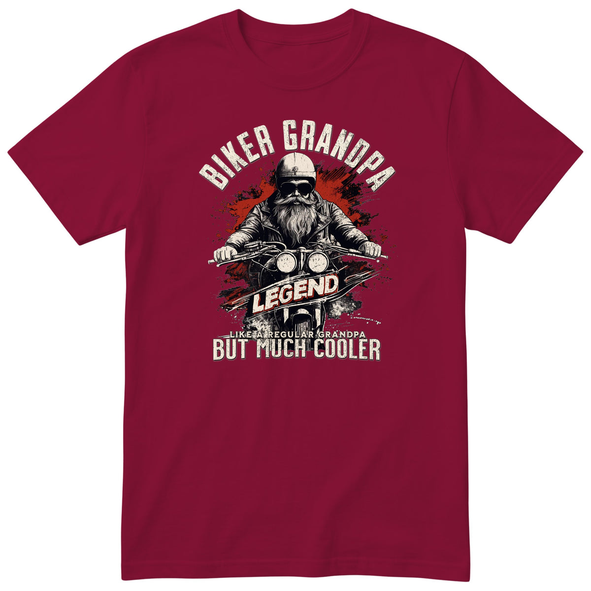 Burgundy Biker Grandpa Legend t-shirt - bearded biker in a helmet and sunglasses on a motorcycle, the word LEGEND and a red paint splash, gift for grandpa