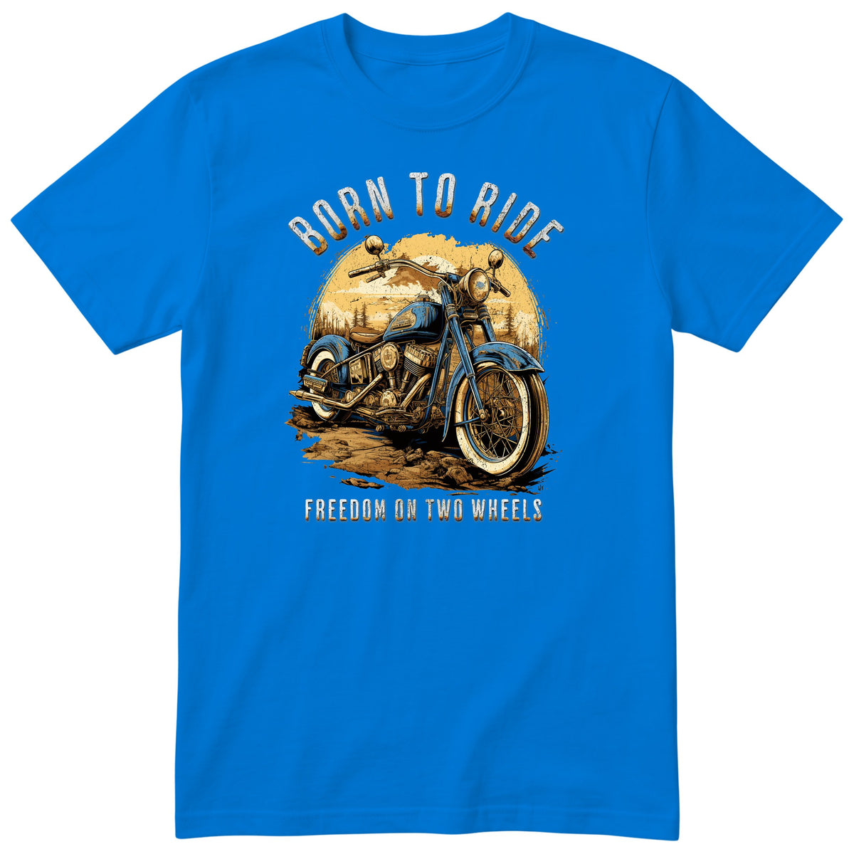 Royal Blue Born to Ride motorcycle t-shirt - blue vintage motorcycle on a dirt track with a forest sunset behind, gift for a biker