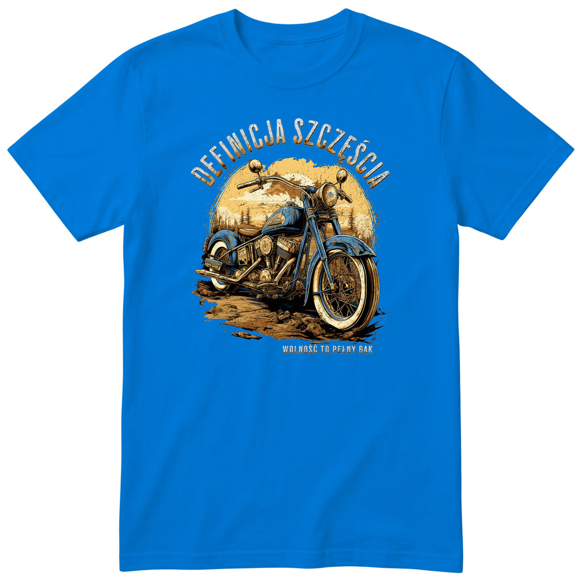 Niebieska koszulka motocyklowa „Definicja Szczęścia” - niebieski motocykl vintage na polnej drodze w złotym zachodzie słońca, polski nadruk