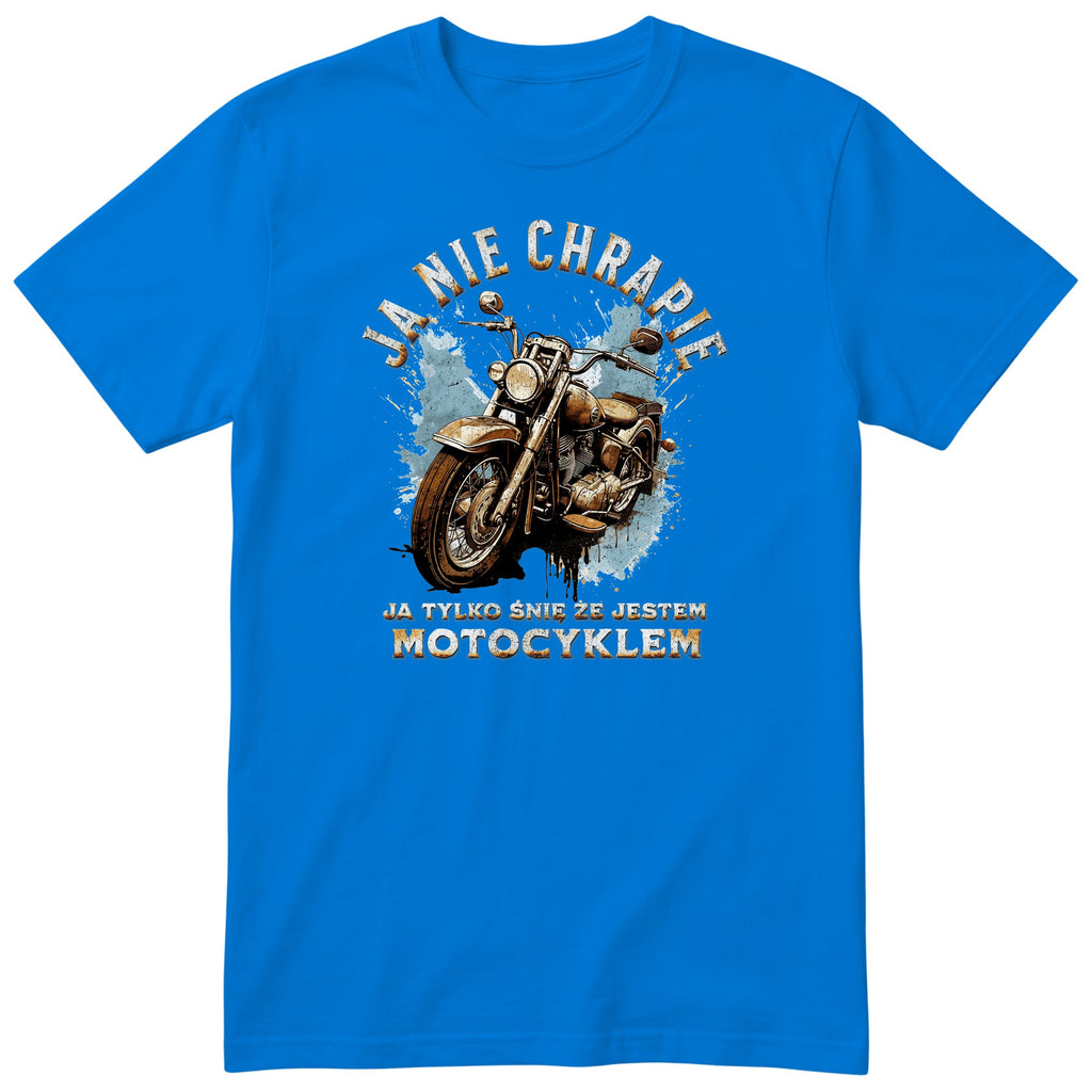 Niebieska koszulka motocyklowa „Ja Nie Chrapię” - rdzawy motocykl vintage na błękitnej plamie z zaciekami, złote litery, polski nadruk