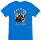 Niebieska koszulka motocyklowa „Ja Nie Chrapię” - rdzawy motocykl vintage na błękitnej plamie z zaciekami, złote litery, polski nadruk