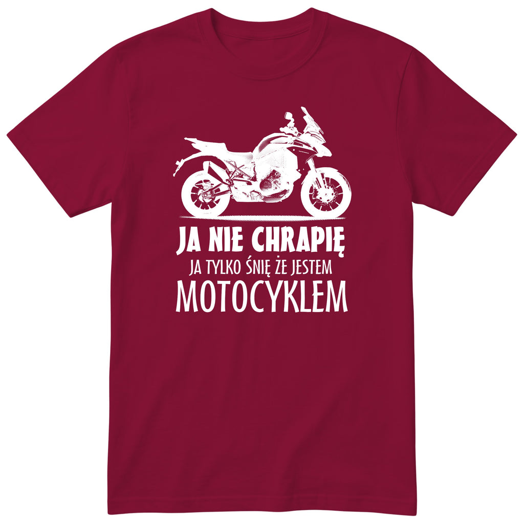 Bordowa koszulka motocyklowa „Ja Nie Chrapię” - prezent dla motocyklisty, polski nadruk