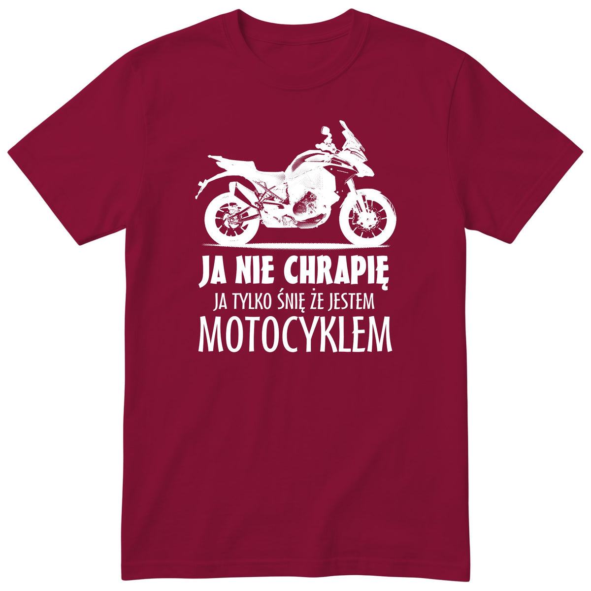 Bordowa koszulka motocyklowa „Ja Nie Chrapię” - prezent dla motocyklisty, polski nadruk