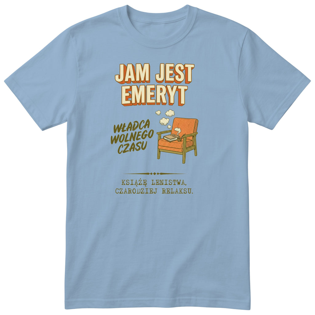 Błękitna koszulka męska z polskim nadrukiem Jam Jest Emeryt, retro pomarańczowy fotel, prezent na emeryturę