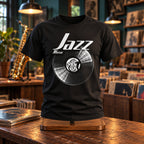Jazz Music Vinyl Records t-shirt in black shown on a stand in a record shop with a saxophone, gift for jazz lovers