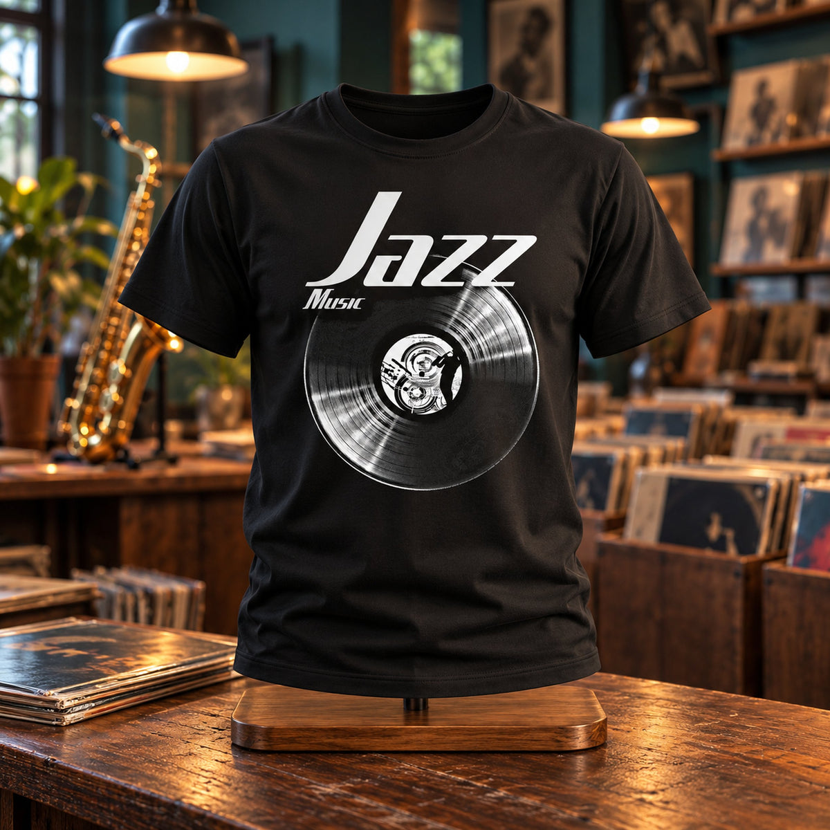 Jazz Music Vinyl Records t-shirt in black shown on a stand in a record shop with a saxophone, gift for jazz lovers