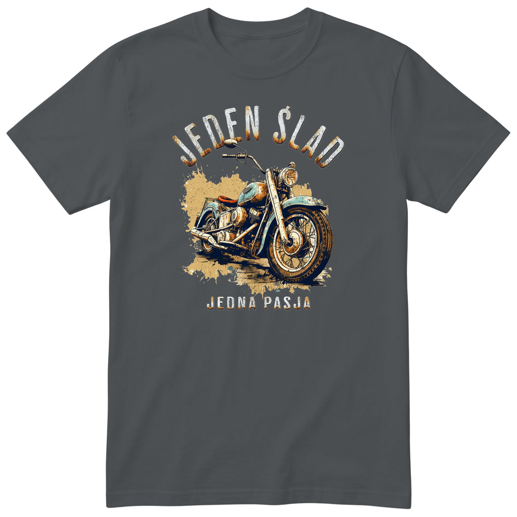 Grafitowa koszulka motocyklowa „Jeden Ślad, Jedna Pasja” - rdzawy motocykl vintage z czerwonym siedziskiem na piaskowej plamie, polski nadruk