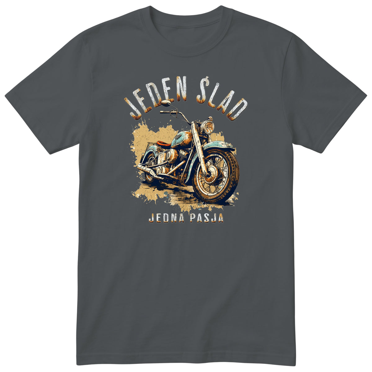 Grafitowa koszulka motocyklowa „Jeden Ślad, Jedna Pasja” - rdzawy motocykl vintage z czerwonym siedziskiem na piaskowej plamie, polski nadruk