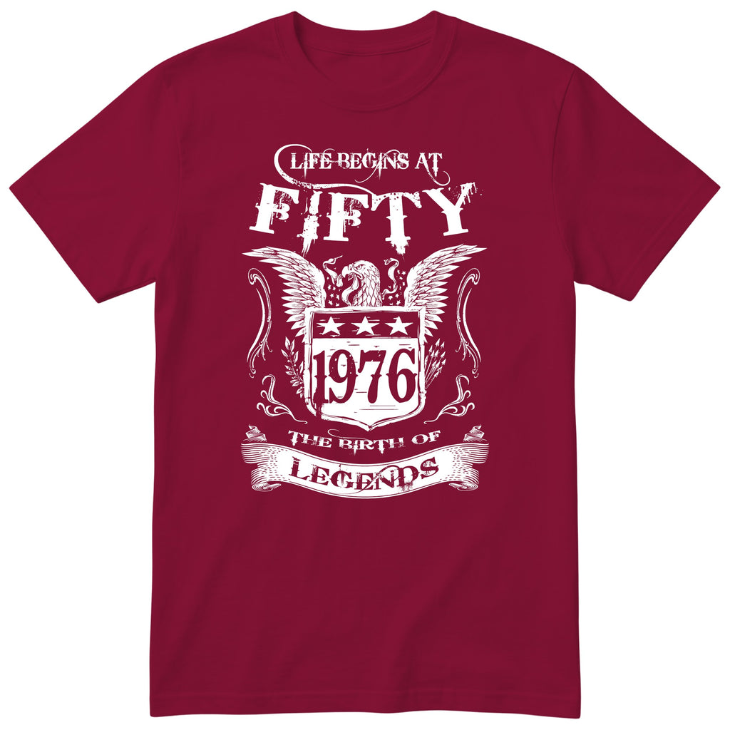 Burgundy Life Begins At Fifty t-shirt - 50th birthday gift for him with an eagle crest
