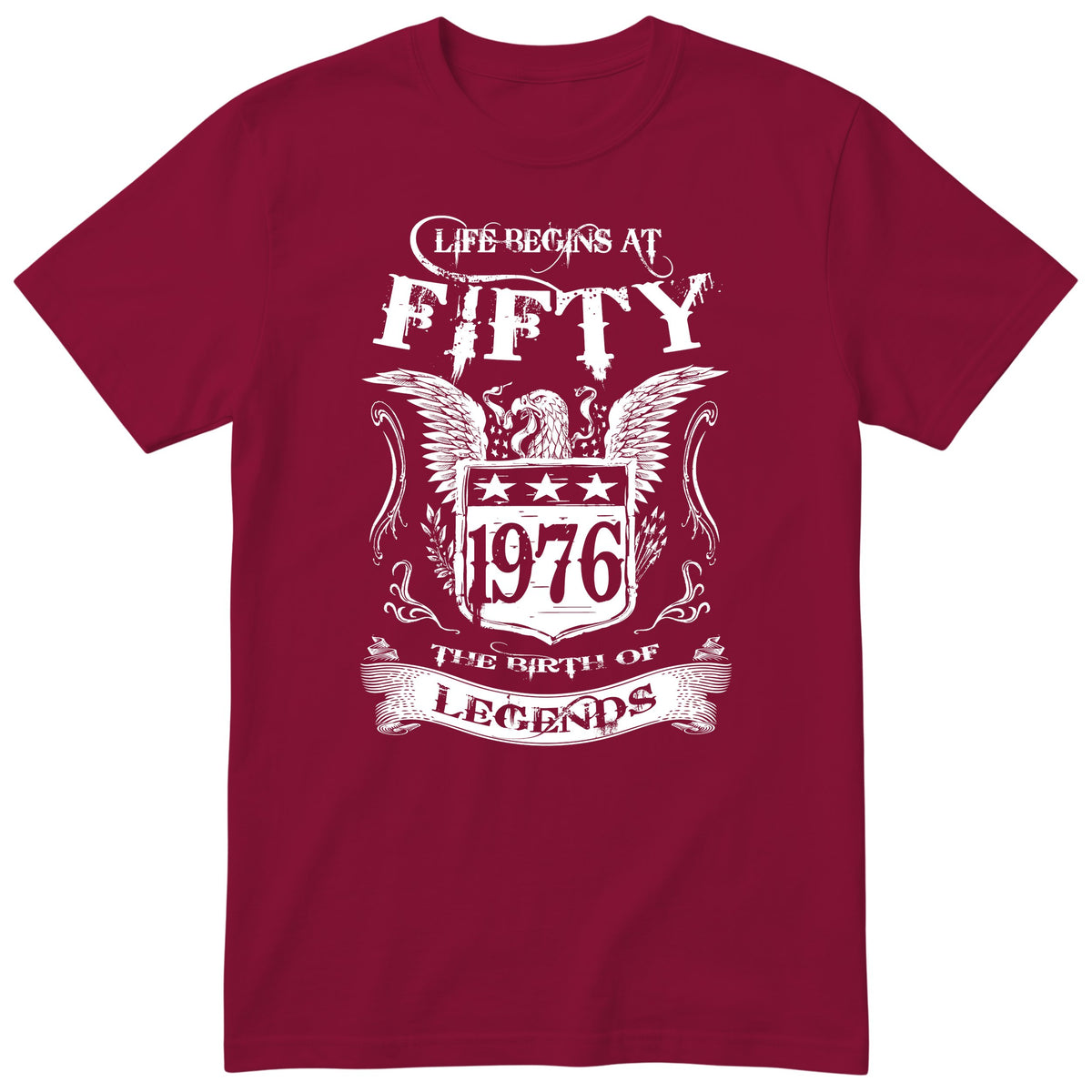 Burgundy Life Begins At Fifty t-shirt - 50th birthday gift for him with an eagle crest