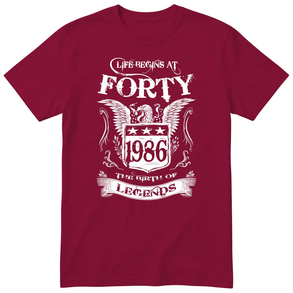 Burgundy Life Begins At Forty t-shirt - 40th birthday gift for him with an eagle crest