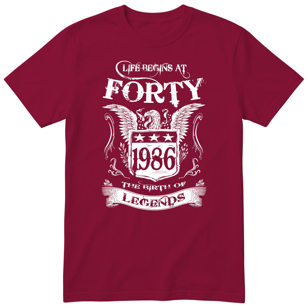 Burgundy Life Begins At Forty t-shirt - 40th birthday gift for him with an eagle crest