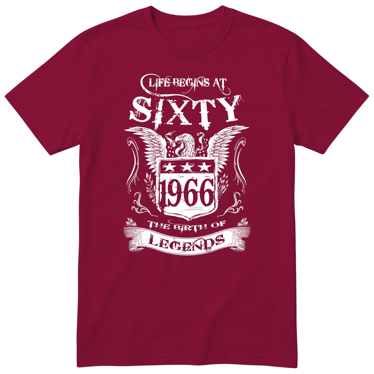 Burgundy Life Begins At Sixty t-shirt - 60th birthday gift for him with an eagle crest