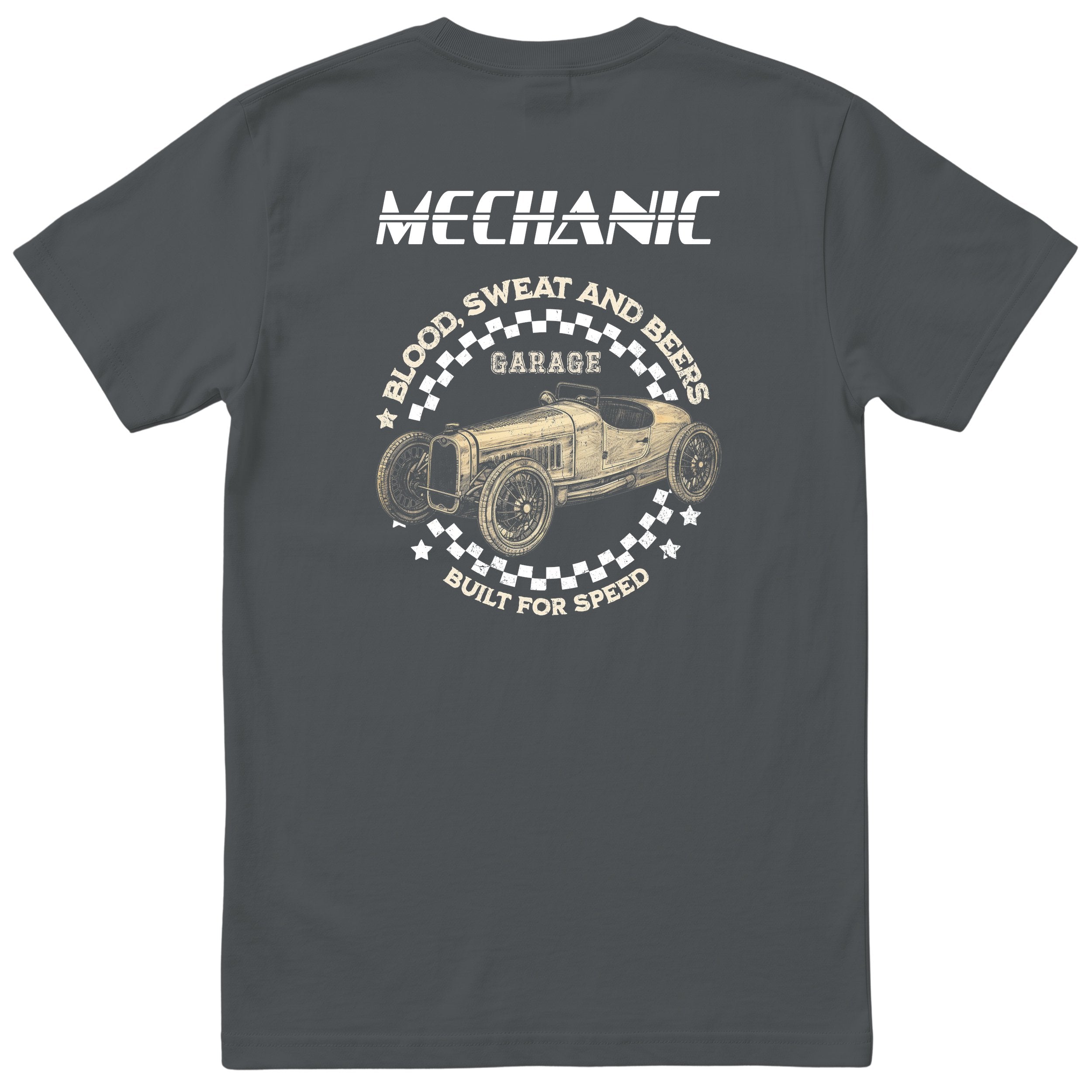 Mechanic Blood Sweat and Beers Garage tee charcoal back