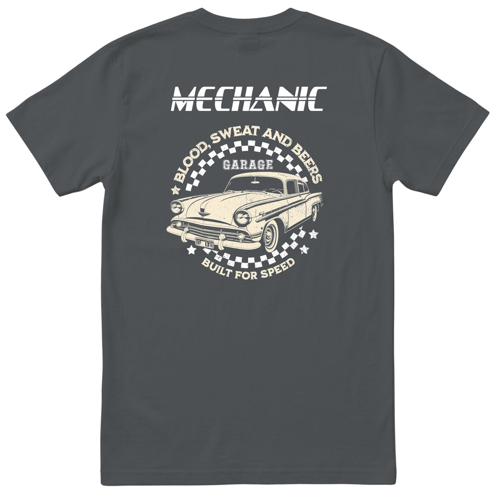Mechanic Built for Speed garage tee charcoal back