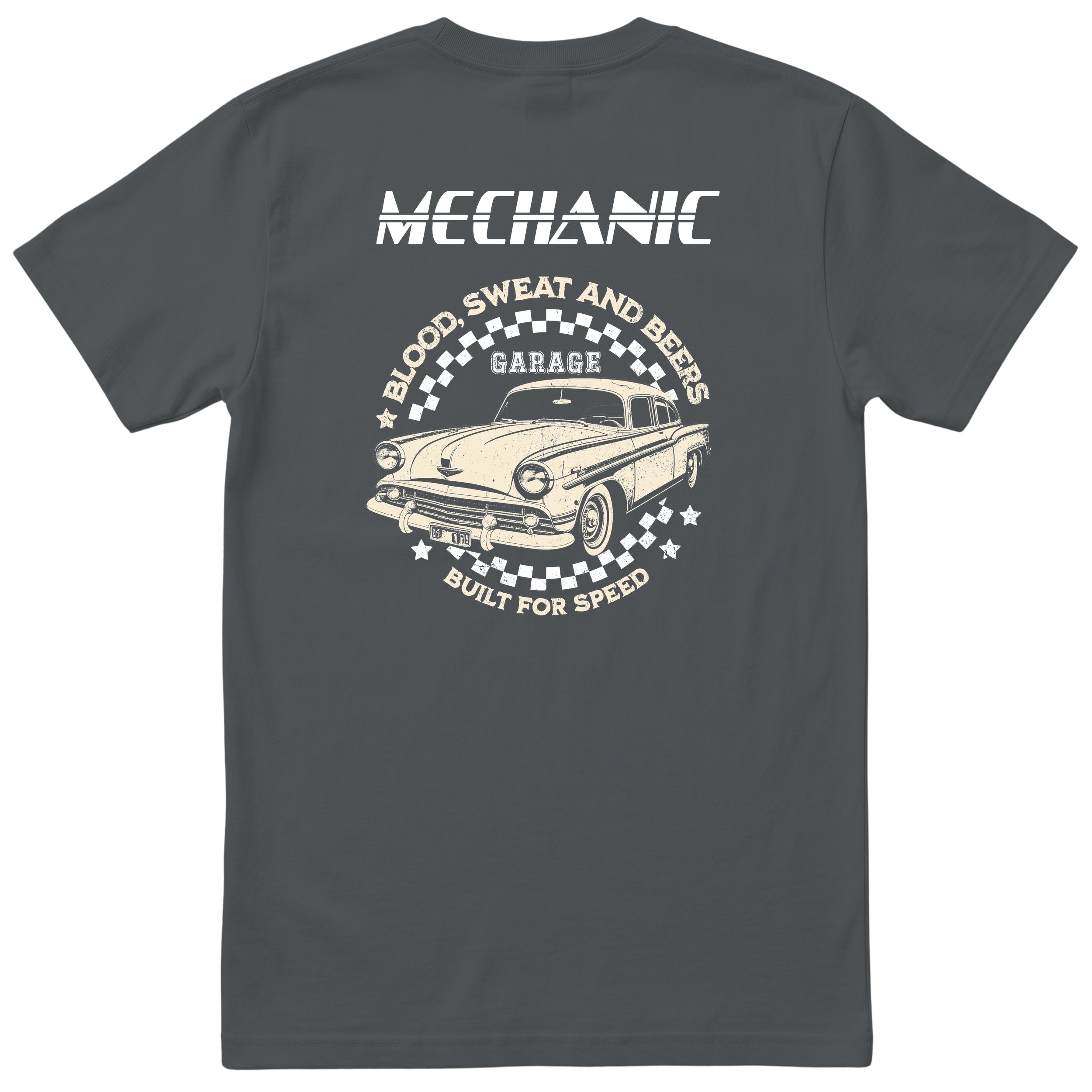 Mechanic Built for Speed garage tee charcoal back